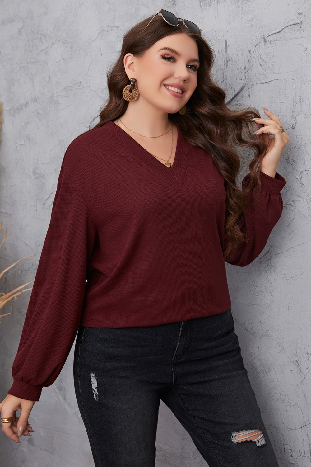 Dark Slate Gray Harvest Hues Plus Size V-Neck Dropped Shoulder Blouse Plus Size Tops