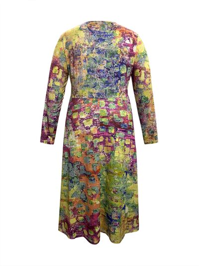 Dim Gray Plus Size Printed Round Neck Long Sleeve Dress New Year Looks