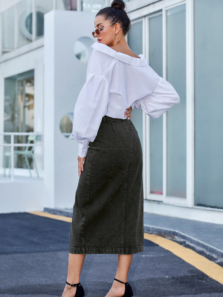 Gray Button Down Denim Skirt