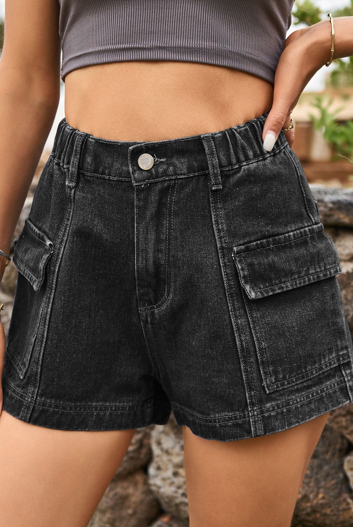 Dark Slate Gray High-Waist Denim Shorts with Pockets Denim