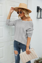 Gray Scalloped Boat Neck Openwork Tunic Sweater Shirts & Tops