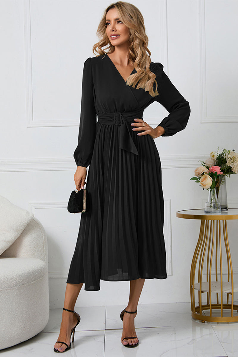 Light Gray V-Neck Long Sleeve Tie Waist Midi Dress Clothing