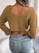 Dim Gray Twisted Front Long Sleeve Cropped Sweater Shirts & Tops