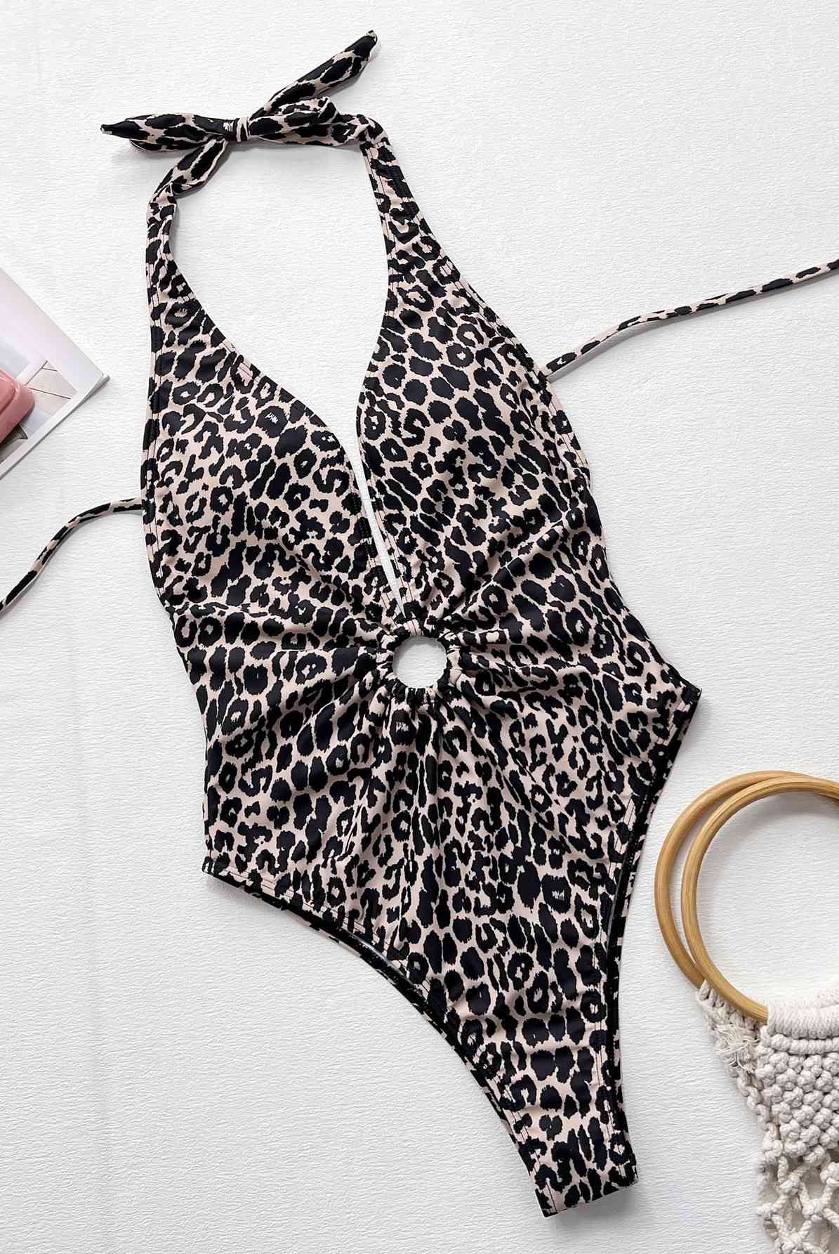 Black Leopard Halter Neck Ring Detail One-Piece Swimsuit Trends
