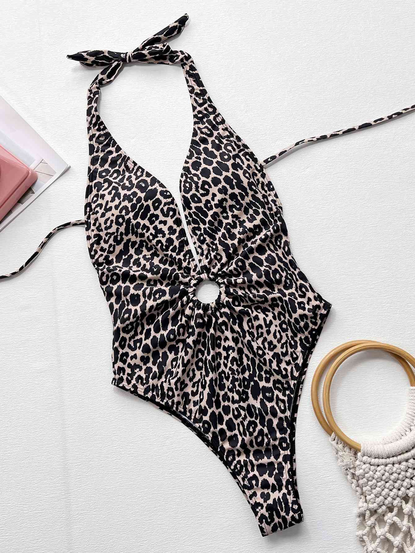 Black Leopard Halter Neck Ring Detail One-Piece Swimsuit Trends