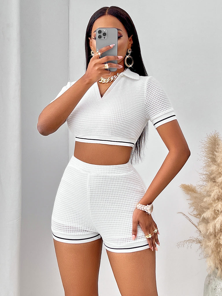 Light Gray Waffle-Knit Collared Neck Cropped Top and Shorts Set Clothing