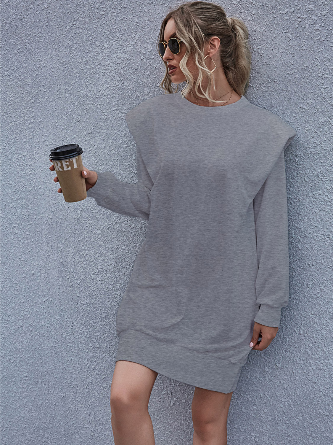 Light Slate Gray Round Neck Long Sleeve Mini Dress Clothing