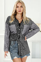 Dark Slate Gray Sequin Button Up Collared Neck Shirt Holiday