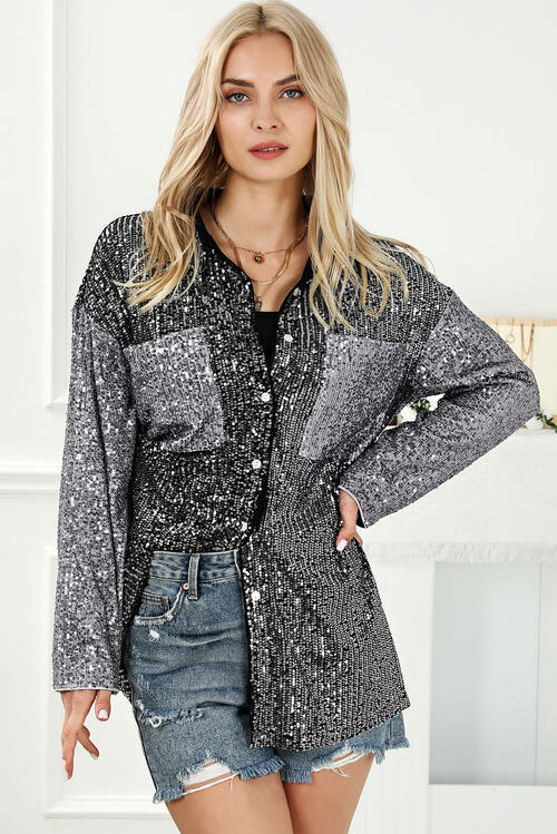 Dark Slate Gray Sequin Button Up Collared Neck Shirt Holiday
