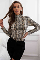 Black Snakeskin Print Mock Neck Long Sleeves Bodysuit Clothes