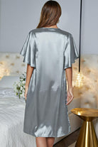 Dark Gray Satin Flutter Sleeve Side Slit V-Neck Night Dress Clothing