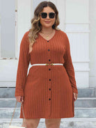 Light Gray Plus Size Ribbed Buttoned V-Neck Long Sleeve Dress Holiday