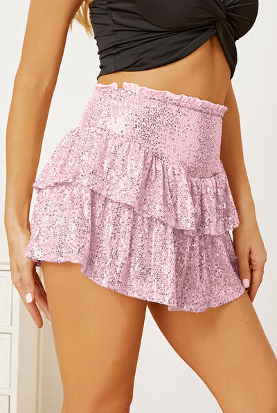 Light Pink Sequin Layered Mini Skirt Clothing