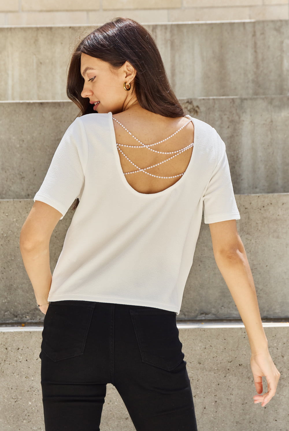 Rosy Brown Pearly White Full Size Criss Cross Pearl Detail Open Back T-Shirt Blouses