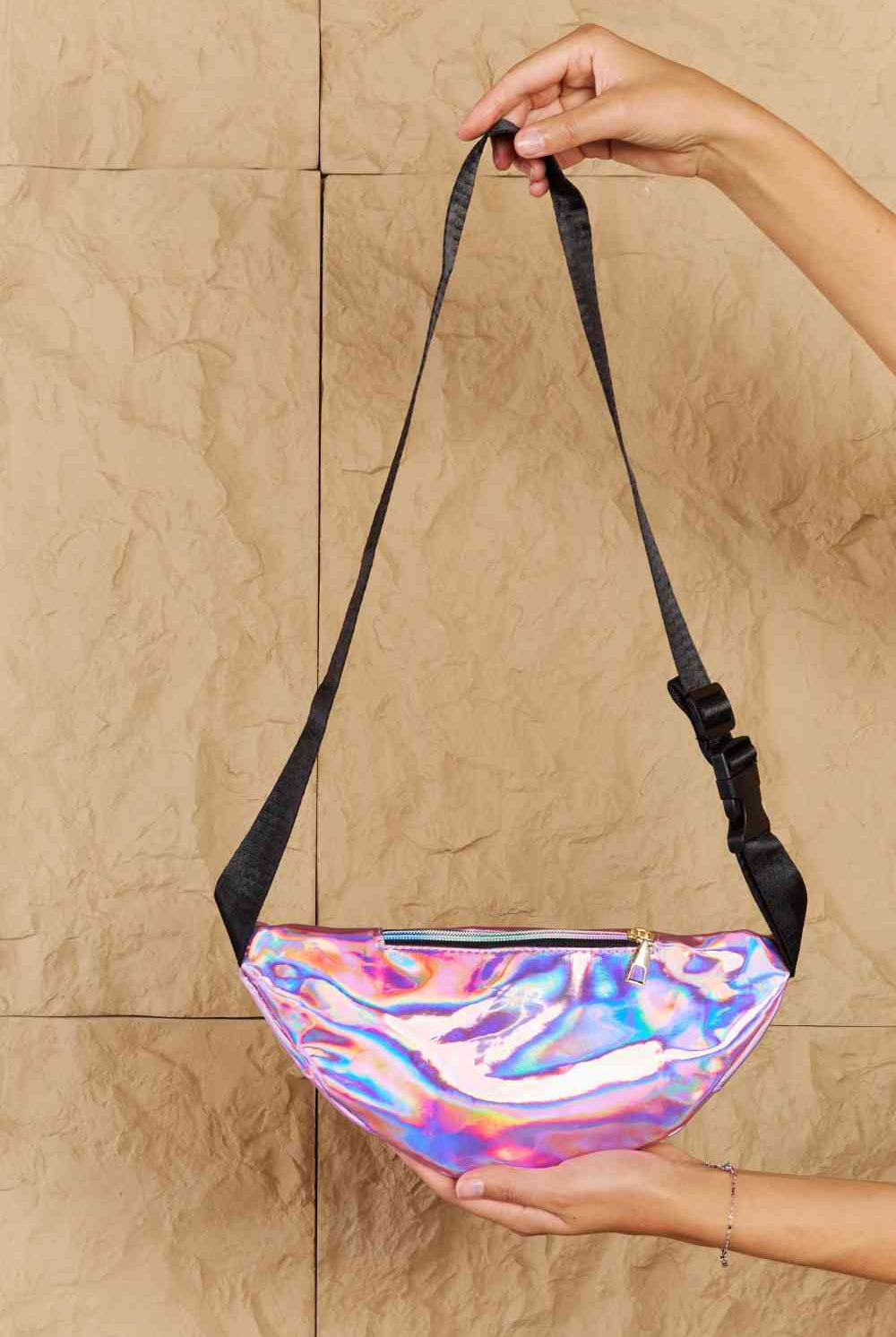 Tan Fame Good Vibrations Holographic Double Zipper Fanny Pack in Hot Pink Clothing