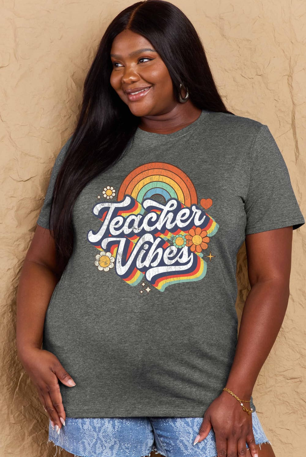 Dark Slate Gray TEACHER VIBES Graphic Cotton T-Shirt Graphic Tees