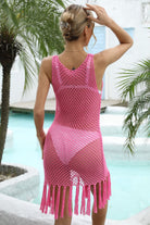 Light Gray Fringe Hem Openwork Sleeveless Cover-Up Dress Swimwear