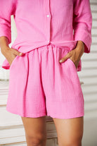 Light Pink Talk To Me Textured Shirt and Elastic Waist Shorts with Pockets Outfit Sets