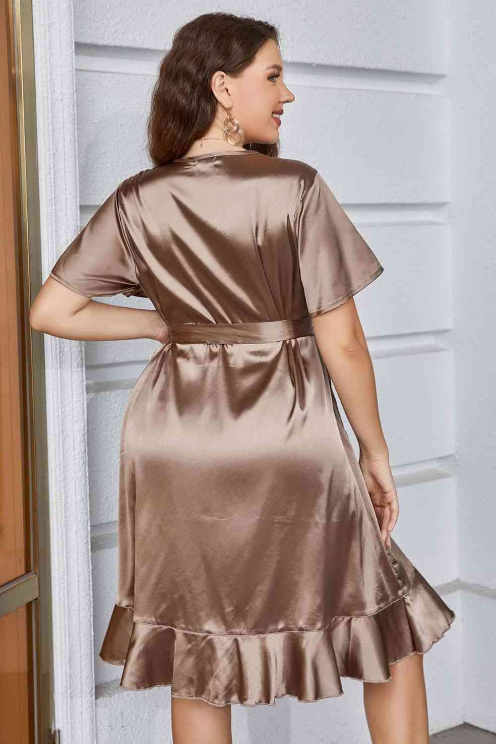 Gray Plus Size Belted Ruffled Surplice Dress Holiday