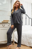 Light Gray Blessed Mess Contrast Piping Button Down Top and Pants Loungewear Set Pajamas