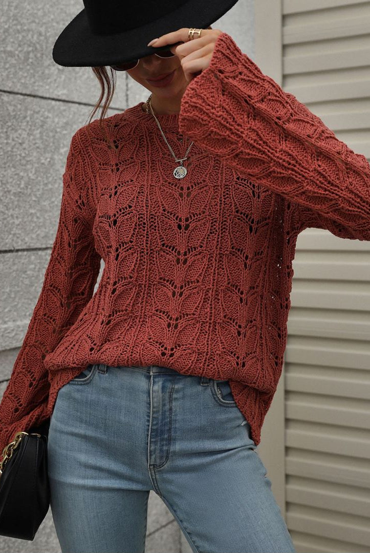 Dim Gray Don't Wait Up Openwork Dropped Shoulder Knit Top Sweaters
