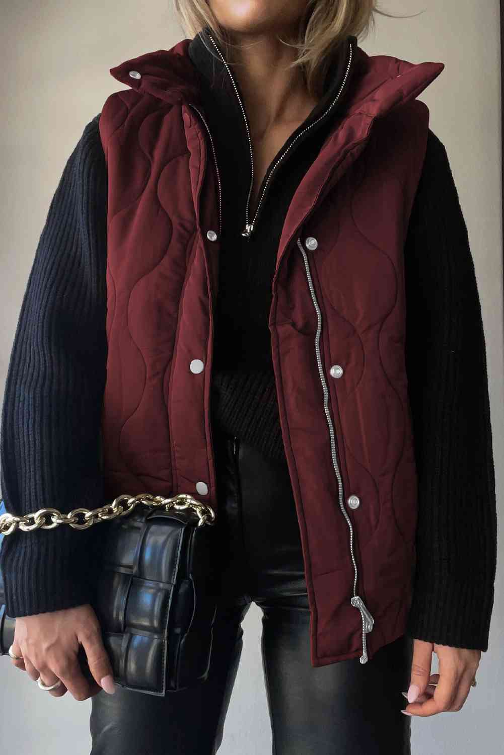 Black Collared Neck Vest with Pockets Winter Accessories