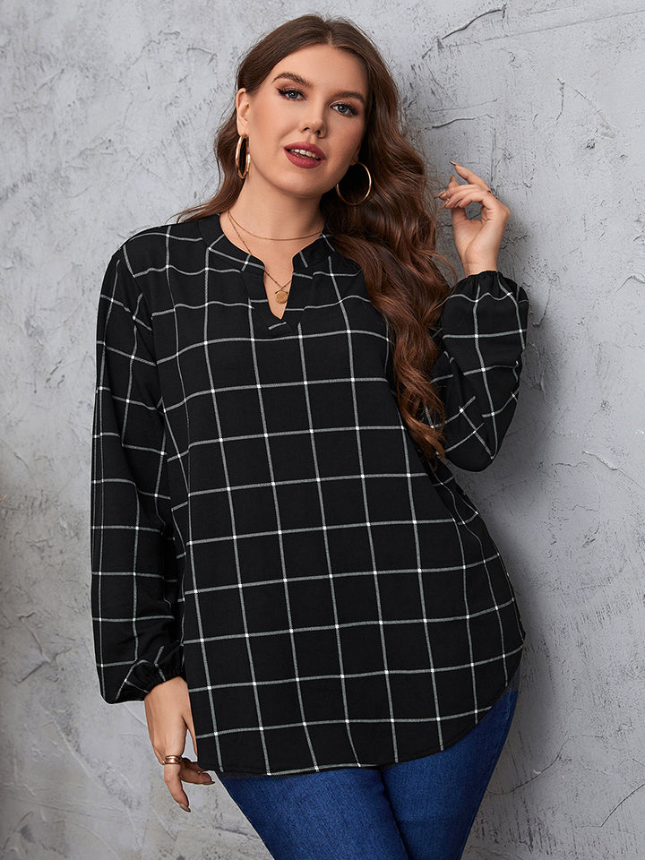 Black Plus Size Notched Neck Long Sleeve Blouse Clothing