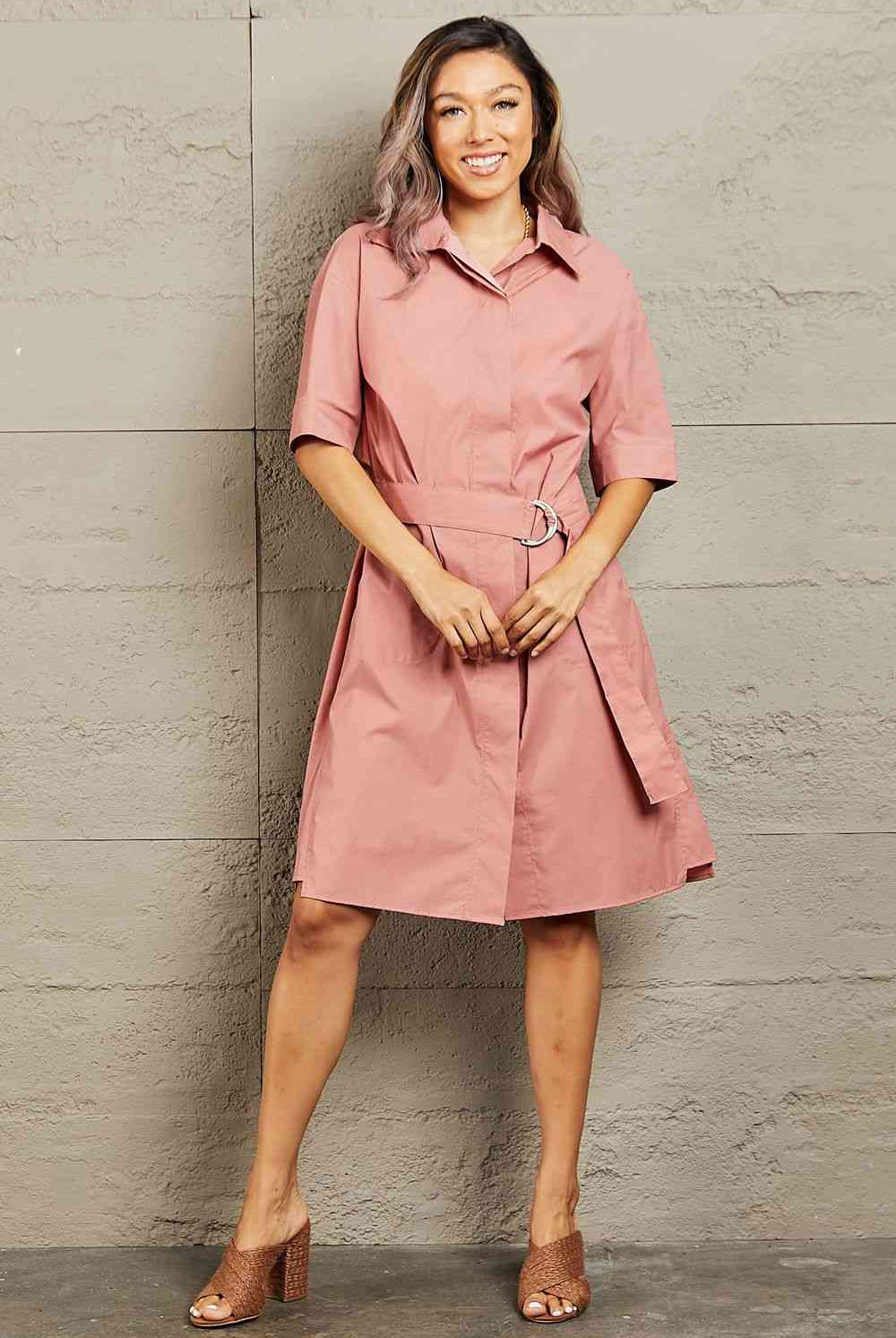Tan Petal Dew Half Sleeve Collared Dress with Pockets Clothing