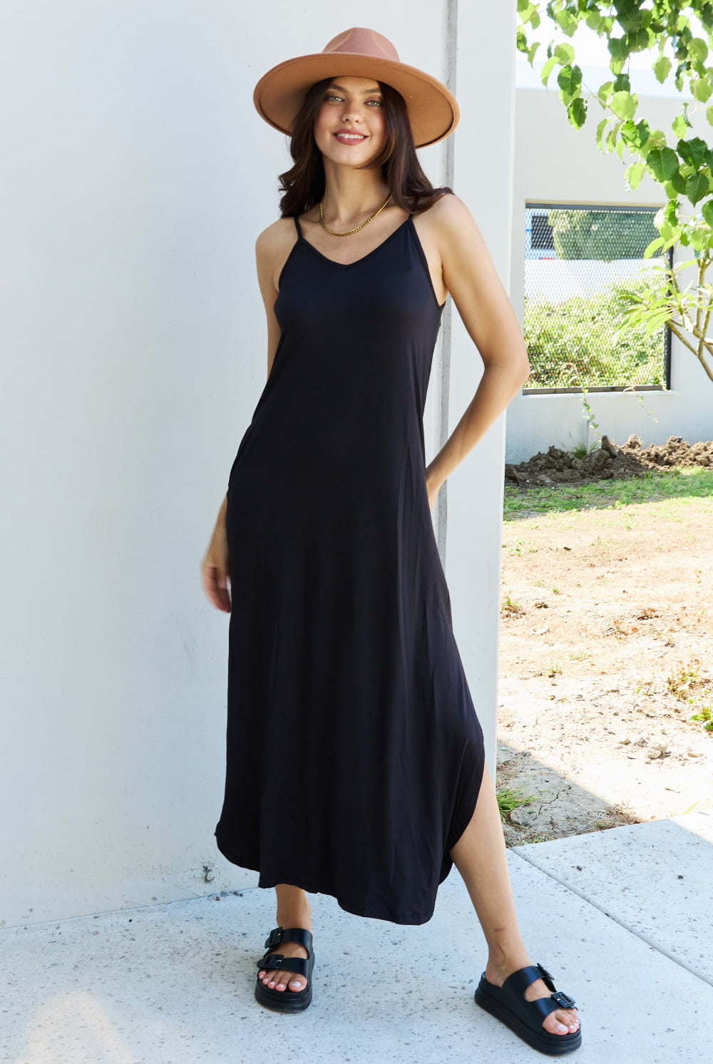 Light Gray Good Energy Full Size Cami Side Slit Maxi Dress in Black Maxi Dresses
