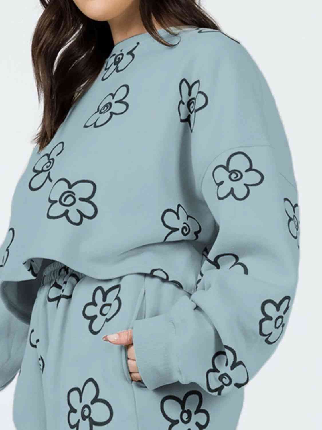 Dark Gray Floral Dropped Shoulder Sweatshirt and Shorts Set Loungewear