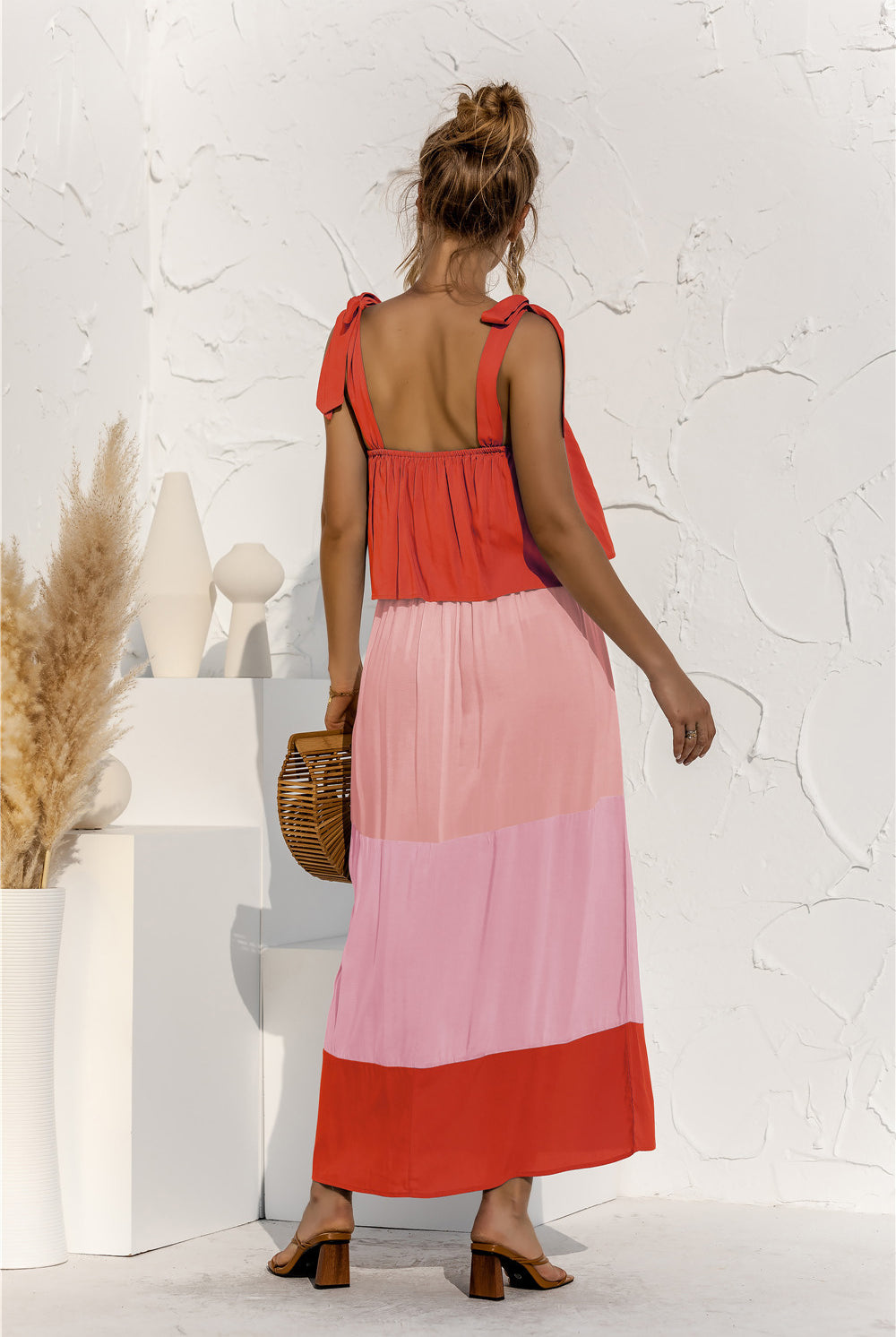Light Gray Sunkissed Color Block Tie Shoulder Tiered Sleeveless Dress Maxi Dresses