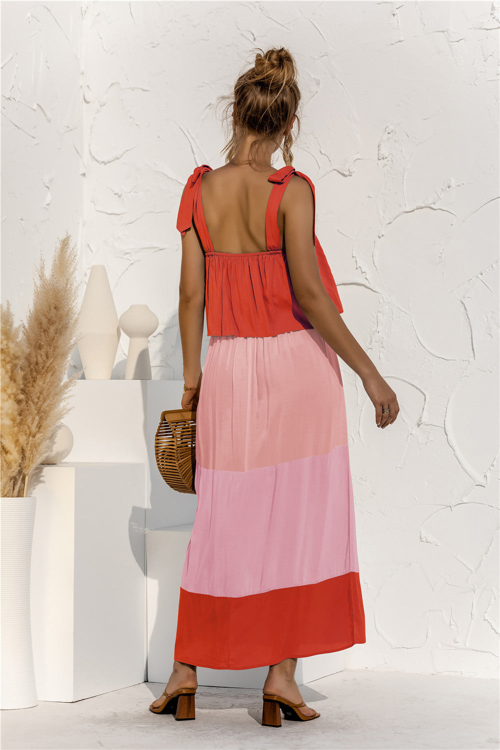 Light Gray Sunkissed Color Block Tie Shoulder Tiered Sleeveless Dress Maxi Dresses