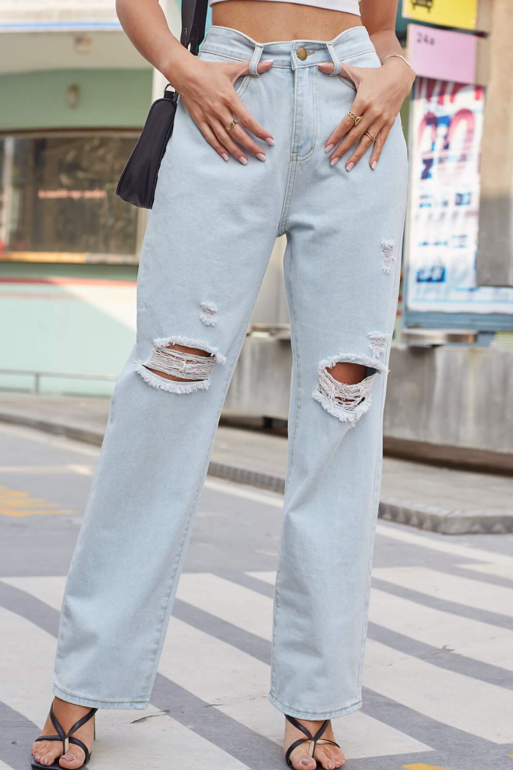 Gray Distressed Straight Leg Jeans with Pockets Denim
