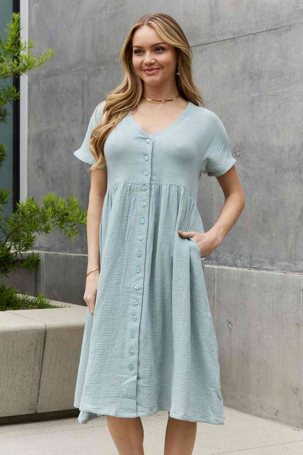 Dark Gray Sweet Lovely By Jen Full Size Button Down Midi Dress Clothing