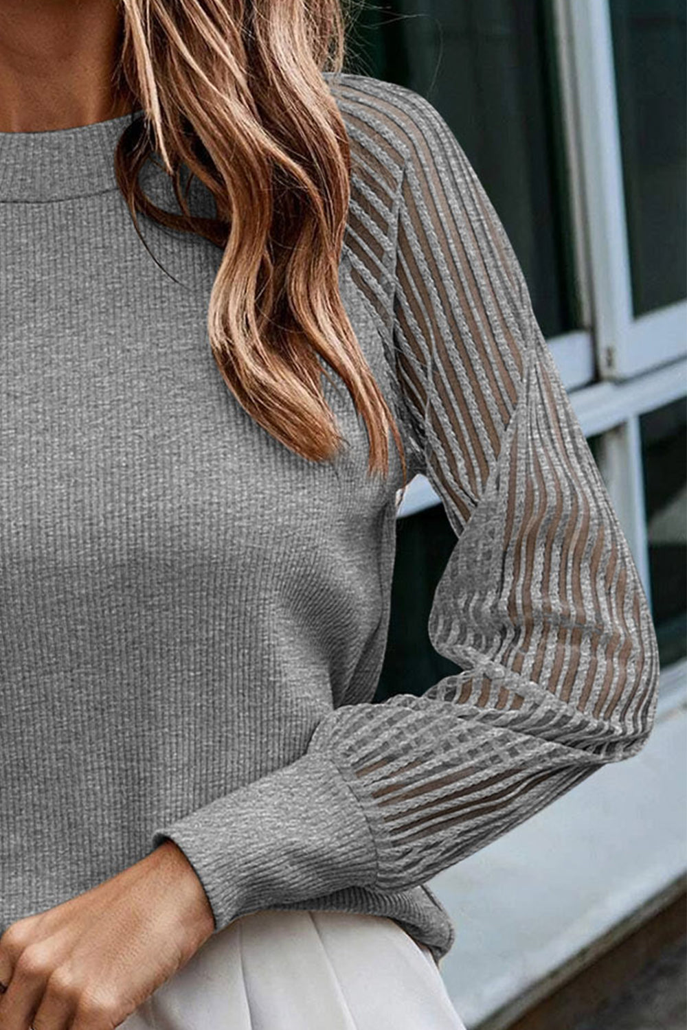 Dim Gray Round Neck Raglan Sleeve Knit Top Clothing