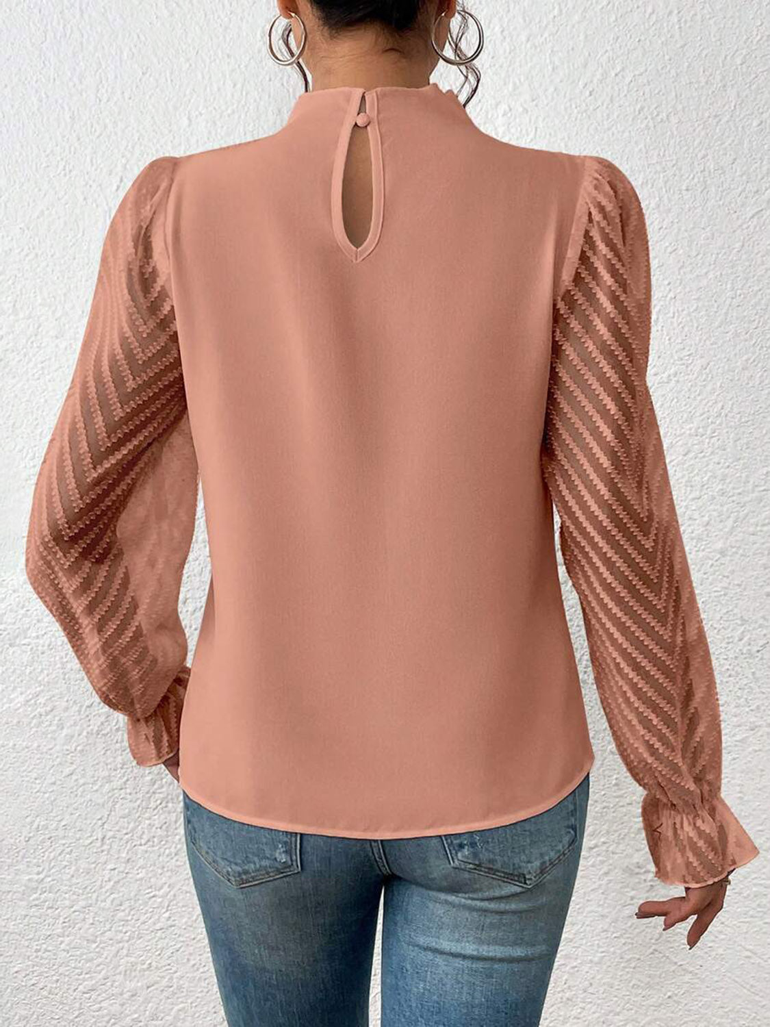 Rosy Brown Mock Neck Flounce Sleeve Blouse Clothing