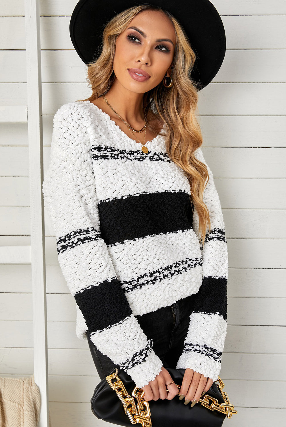 Light Gray Sittin Pretty Striped V-Neck Popcorn Knit Sweater Sweaters