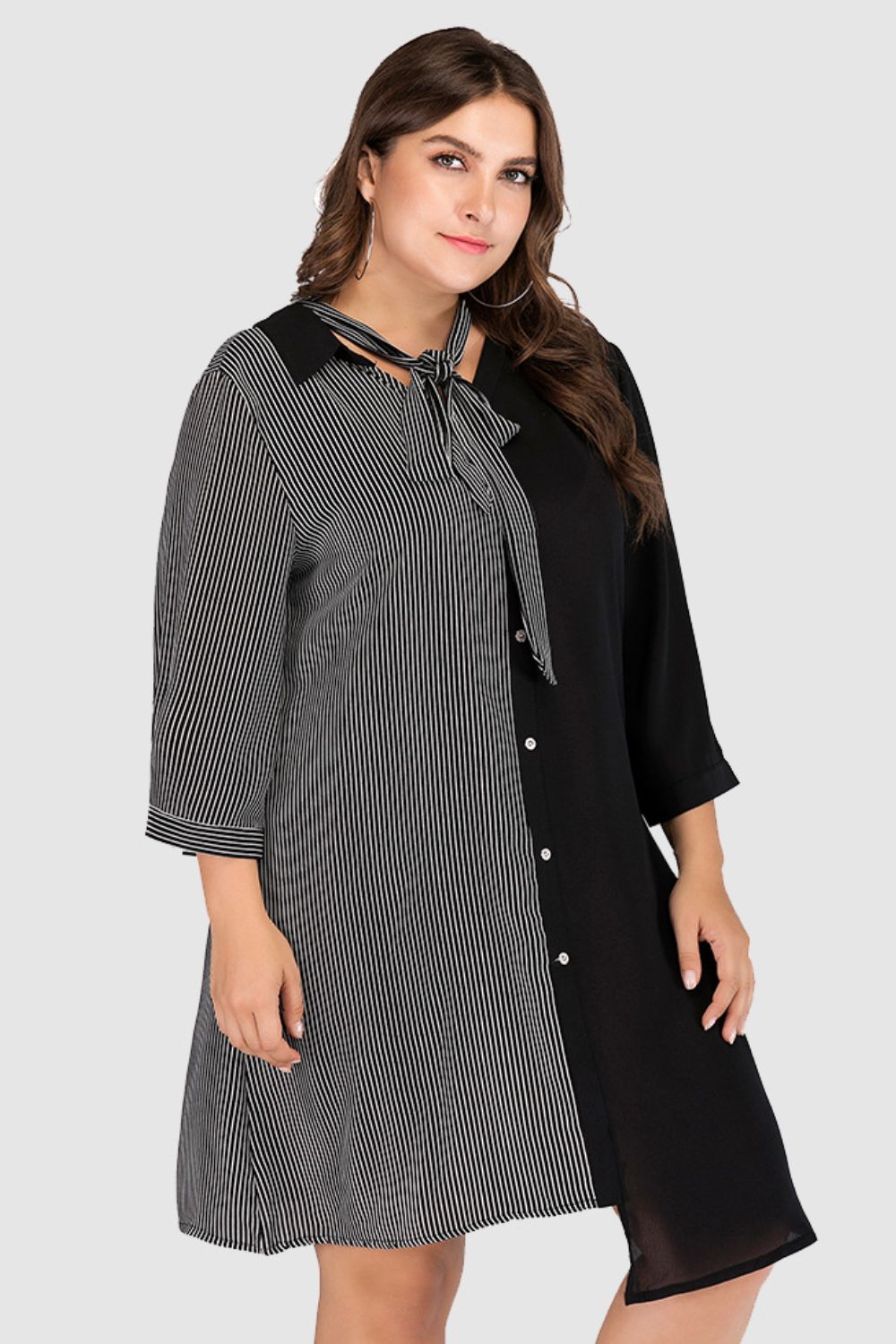 Light Gray Plus Size Striped Color Block Tie-Neck Dress Clothes