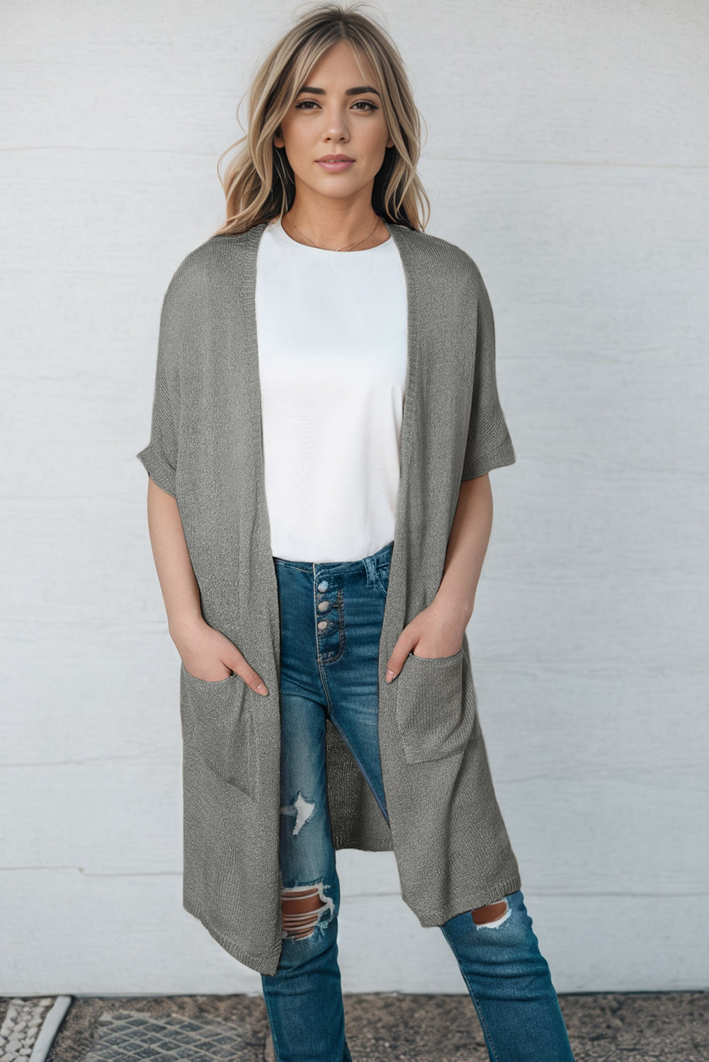 Light Gray Open Front Sweater Cardigan with Pockets