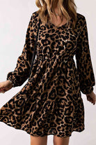 Black Leopard V-Neck Balloon Sleeve Tiered Dress Trends