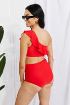 Light Gray Marina West Swim Seaside Romance Ruffle One-Shoulder Bikini in Red
