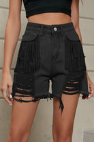 Rosy Brown Fringe Trim Distressed Denim Shorts with Pockets Denim