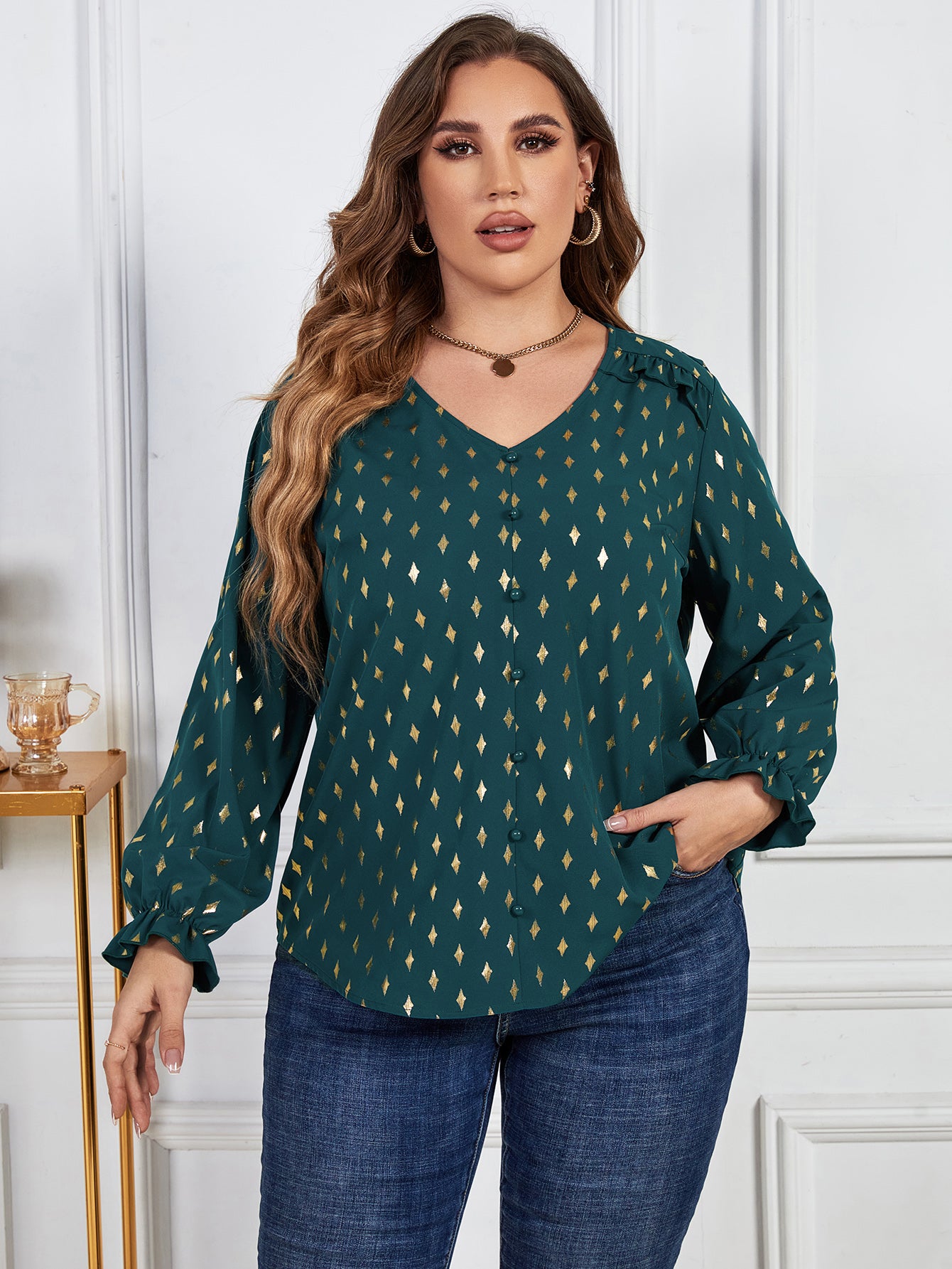 Light Gray Effortless Plus Size Printed Frill Trim Flounce Sleeve Blouse Plus Size Tops