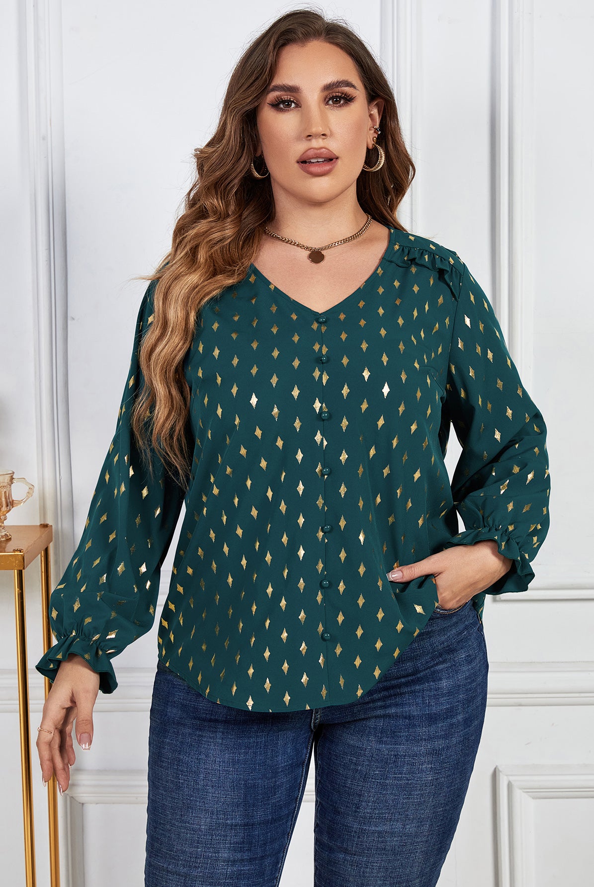 Light Gray Effortless Plus Size Printed Frill Trim Flounce Sleeve Blouse Plus Size Tops