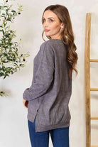 Light Gray Basic Bae Round Neck Drop Shoulder Slit Sweatshirt Clothing