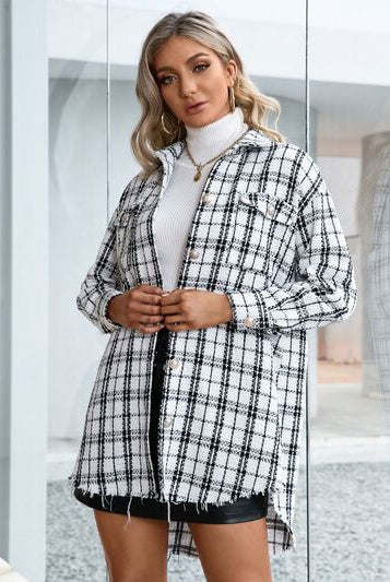 Light Gray Plaid Pocketed Button Up Dropped Shoulder Jacket Capsule