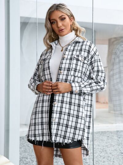 Light Gray Plaid Pocketed Button Up Dropped Shoulder Jacket Capsule