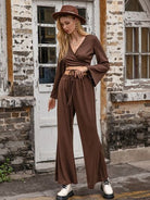 Dark Olive Green Tied Flare Sleeve Top and Pants Set