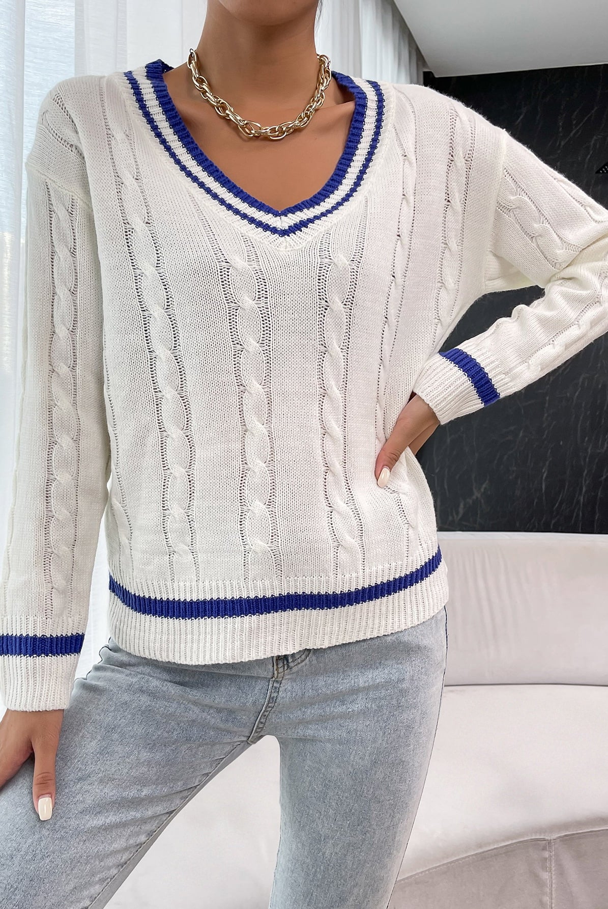 Light Gray Autumn Bliss Woven Right Contrast V-Neck Cable-Knit Sweater Sweaters