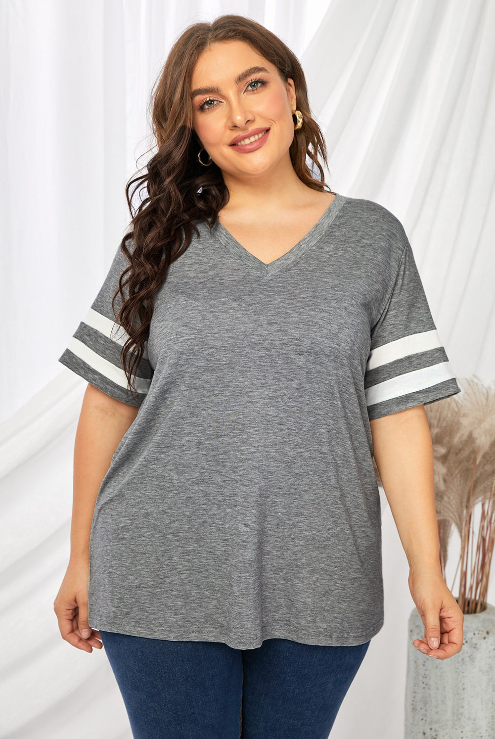 Gray Plus Size Striped V-Neck Tee Shirt Plus Size Clothes